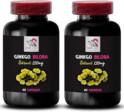 SWAN LIFE ESSENTIALS - Ginkgo BILOBA Extract – Cápsulas Antioxidantes à base de ervas – Dosagem de Ginkgo biloba, Suplemento de Extrato Botânico, Suporte Natural para o Bem-Estar – 2 Frascos 120 cápsulas