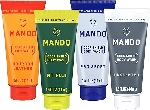 Mini Body Wash – Controle de Odor 24 Horas – Remove Odor Melhor que Sabonete – Tubos de 1,5 Ounce (Embalagem com 4, em 4 fragrâncias: Bourbon Leather, Pro Sport, Mt Fuji, Sem Fragrância) | Mando - Mando