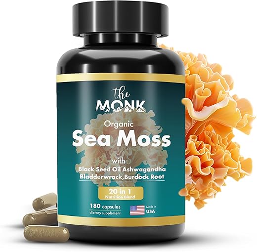THE MONK - Cápsulas de Musgo do Mar Irlandês Orgânico – Fórmula Avançada, Suplemento de Musgo Selvagem Cru com Alga Marinha e Raiz de Bardana – 180 Comprimidos Veganos – Fabricado nos EUA
