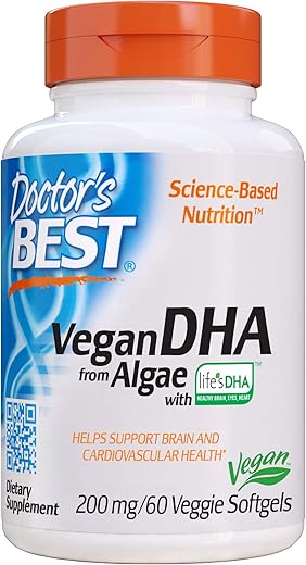 Doctor's BEST - Doctor’s Best DHA Vegetariano de Algas, Não-OGM, Vegano, Sem Glúten, 200 mg, 60 Cápsulas