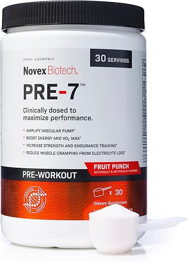 PRE-7 Pó Pré-Treino – Melhor pré-treino para Homens – Aumente Energia, Foco e VO2 máx, Ganhe Força e Resistência nos Treinos, Suporte à Hidratação Durante atividades prolongadas - Novex Biotech