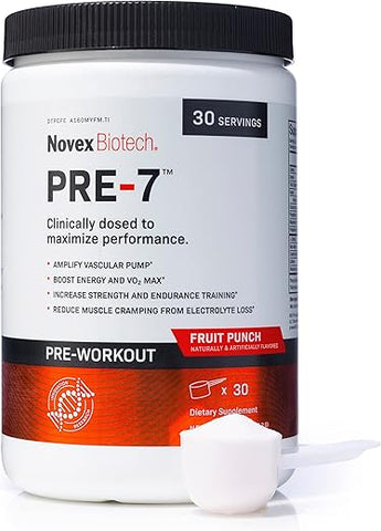 PRE-7 Pó Pré-Treino – Melhor pré-treino para Homens – Aumente Energia, Foco e VO2 máx, Ganhe Força e Resistência nos Treinos, Suporte à Hidratação Durante atividades prolongadas - Novex Biotech