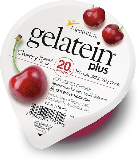Medtrition - Gelatein Plus Cherry: 20g de proteína. Ideal para dietas líquidas, dificuldades de deglutição, diálise e oncologia. Ótimo lanche pré ou pós-treino. (12 unidades)