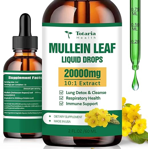 Totaria - Gotas de Mullein para os Pulmões – Taxa de Absorção de 98% – 20000mg de Folha de Mullein Pura por Porção – Mullein Orgânico para Desintoxicação Pulmonar