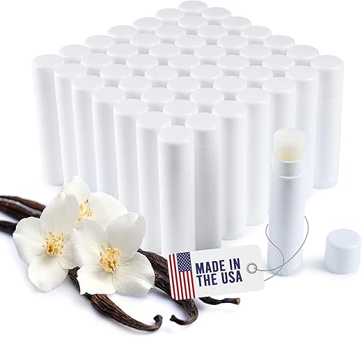 Belladonna - Lip Balm a Granel Sem Rótulo – 50 Pacotes de 10g – Feito nos EUA – Baunilha – Ingredientes Naturais – Vitamina E e Manteiga de Karité – Personalizado para Festas