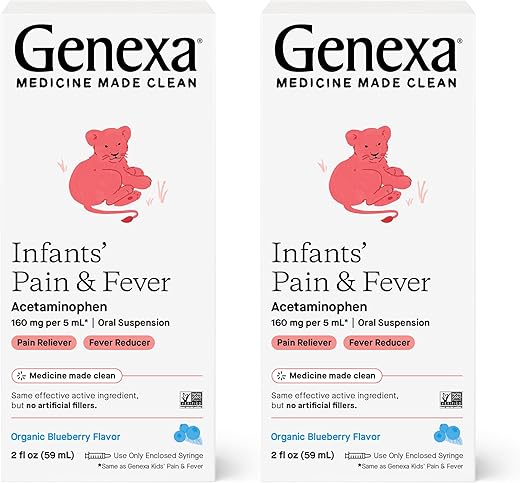 Redutor de Dor e Febre para Bebês | Acetaminofeno Infantil, Sem Corantes, Medicamento Líquido em Suspensão Oral para Bebês | Delicioso Sabor Orgânico de Mirtilo | 160 mg por 5 mL | 4 Fluido - Genexa