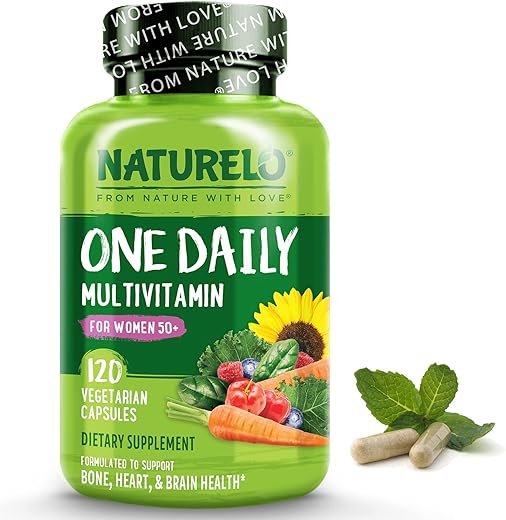 One Daily Multivitamínico para Mulheres 50 (Sem Ferro) – Suporte para a Menopausa em Mulheres Acima de 50 – Suplemento Alimentar à Base de Alimentos Integrais – Não-OGM – Sem Soja – 120 Cápsulas – Fornecimento de 4 Meses - NATURELO