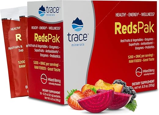 Reds Pak | Pó de Bebida de Super Alimentos | Polifenóis, Antioxidantes, Frutas, Vegetais, Probióticos | Suporte para o Intestino e Energia | Sabor de Frutas Vermelhas | Marca Trace Minerals - Trace Minerals
