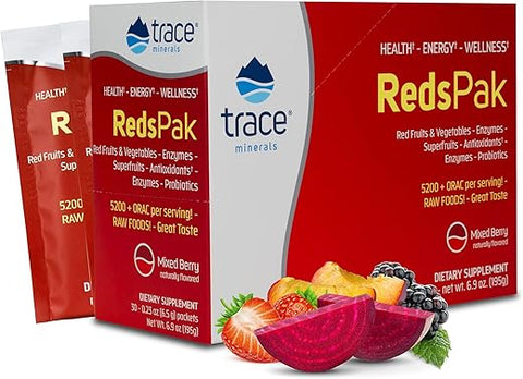 Reds Pak | Pó de Bebida de Super Alimentos | Polifenóis, Antioxidantes, Frutas, Vegetais, Probióticos | Suporte para o Intestino e Energia | Sabor de Frutas Vermelhas | Marca Trace Minerals - Trace Minerals