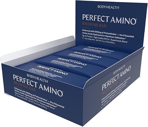 Barra de Proteína BodyHealth PerfectAmino com 10g de Proteína, MCT à Base de Plantas, Mistura de Superfoods, Kosher (Brownie, 12 Unidades)