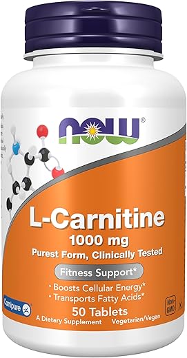 Suplementos, L-Carnitina 1.000 mg, Forma Mais Pura, Aminoácido, Suporte para Fitness*, 50 Comprimidos - NOW Foods