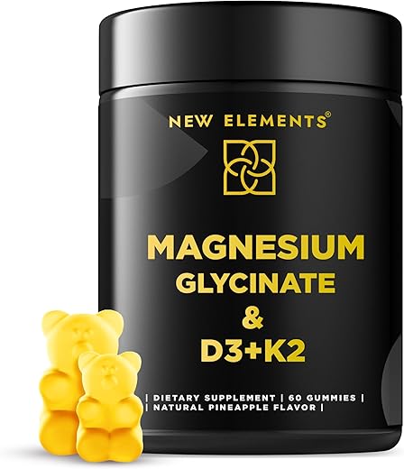 New Elements - Calm Gummies de Magnésio Glicinato 500mg com Vitamina D3 10000 UI e Vitamina K2 100mg – Relaxamento Saudável para Adultos, Vegano, Não-OGM