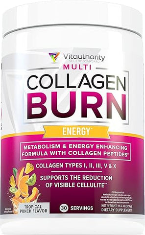 Vitauthority - Multi Colágeno Burn: Peptídeos de Proteína Hidrolisada Multi-Tipo com Ácido Hialurônico, Vitamina C, SOD B Dimpless, Colágeno Tipos I, II, III, V e X, com Cafeína
