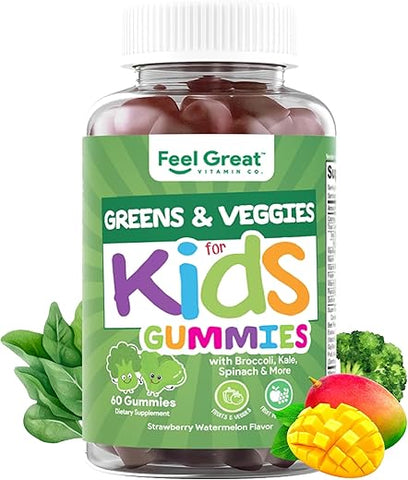 The Feel Great Vitamin Company - Feel Great Super Green Gummies para Crianças | Gomas de Frutas e Vegetais | Multivitamínico Vegano em Goma para Crianças | Suplemento de Fibra Vegetal | 60 Unidades
