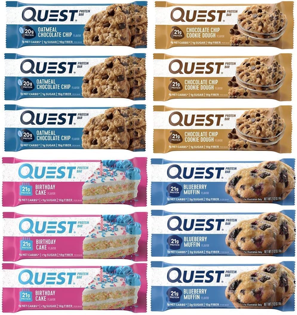 J&L Supply - JL Supply Quest Keto Barras de Café da Manhã Sortidas – Bolo de Aniversário, Muffin de Mirtilo, Aveia com Gotas de Chocolate, Massa de Biscoito com Gotas de Chocolate – Barras Proteicas com Baixo Teor de Açúcar, Sem Glúten (12…)