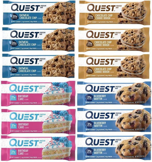 J&L Supply - JL Supply Quest Keto Barras de Café da Manhã Sortidas – Bolo de Aniversário, Muffin de Mirtilo, Aveia com Gotas de Chocolate, Massa de Biscoito com Gotas de Chocolate – Barras Proteicas com Baixo Teor de Açúcar, Sem Glúten (12…)