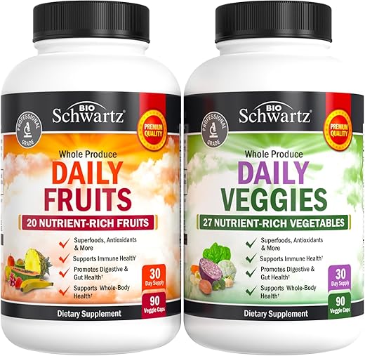 BioSchwartz - Suplemento de Frutas e Vegetais para Mulheres e Homens – 47 Antioxidantes de Alimentos Integrais – Equilíbrio Natural Diversificado de Vitaminas, Minerais e Noni – 90 Cápsulas de Frutas, 90 Cápsulas de Vegetais