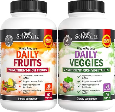BioSchwartz - Suplemento de Frutas e Vegetais para Mulheres e Homens – 47 Antioxidantes de Alimentos Integrais – Equilíbrio Natural Diversificado de Vitaminas, Minerais e Noni – 90 Cápsulas de Frutas, 90 Cápsulas de Vegetais