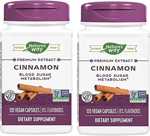 Nature's Way - Nature’s Way Canela – Suporta o Metabolismo de Carboidratos* – Verificado pelo Projeto Não-OGM – Extrato de Canela – Padronizado para 8% de Flavonoides – 120 Cápsulas Veganas (Pacote com 2)