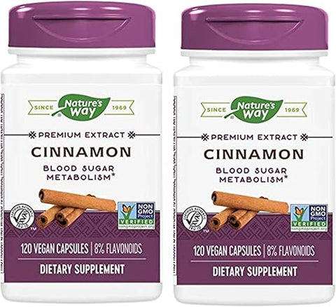 Nature's Way - Nature’s Way Canela – Suporta o Metabolismo de Carboidratos* – Verificado pelo Projeto Não-OGM – Extrato de Canela – Padronizado para 8% de Flavonoides – 120 Cápsulas Veganas (Pacote com 2)