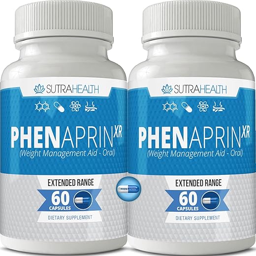 SutraHealth - PhenAprin XR – Supressor de Apetite de Força Máxima em Cápsulas – 2-Pack, Acelerador de Metabolismo, Perda de Peso para Mulheres e Homens, 120 Cápsulas Azuis e Brancas