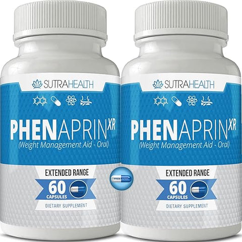 SutraHealth - PhenAprin XR – Supressor de Apetite de Força Máxima em Cápsulas – 2-Pack, Acelerador de Metabolismo, Perda de Peso para Mulheres e Homens, 120 Cápsulas Azuis e Brancas