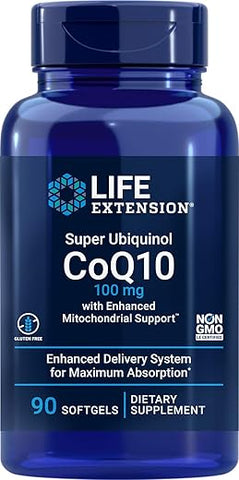 COQ10 Super Ubiquinol 100mg – Suporte Mitocondrial Aprimorado, 90 Softgels - Life Extension