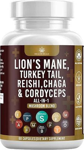 Health Heals - Suplemento de Cogumelo com Cauda de Peru 2000mg Reishi 1000mg Cordyceps Chaga 1000mg com Raiz de Marshmallow – 60 Unidades