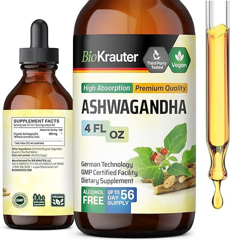 BIO KRAUTER - Ashwagandha Líquido – Gotas de Ashwagandha para Calma – Extrato de Ashwagandha – Suporte Vegano ao Humor – Tintura de Ashwagandha – 120ml