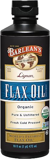 Barlean's - Óleo de Linhaça Barlean’s Lignan – 7.230 mg de Ácidos Graxos Ômega-3 ALA para Melhorar a Saúde do Coração – Vegano, Orgânico USDA, Não-OGM, Sem Glúten – 16 oz (473 ml)