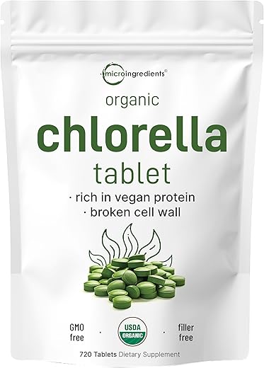 Micro Ingredients - Tabletes de Chlorella Orgânica, 500mg por Tablete, 720 Tabs (360g), 4 Meses de Suprimento, Parede Celular Quebrada, Rica em Proteína Vegana