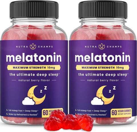 NutraChamps - (2-Pack) Gomas de Melatonina para Adultos | Suplemento de Sono Extra Forte | Dose de 5mg ou 10mg | Sabor Natural de Morango Vegano | Melhora o Sono e Ciclos Saudáveis