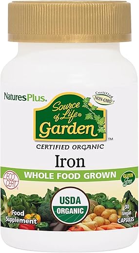 Natures Plus - NaturesPlus Source of Life Garden Ferro Orgânico Certificado 18 mg – 30 Cápsulas Veganas – Suplemento de Ferro à Base de Plantas – Suporta Sangue Saudável – Vegetariano, Sem Glúten