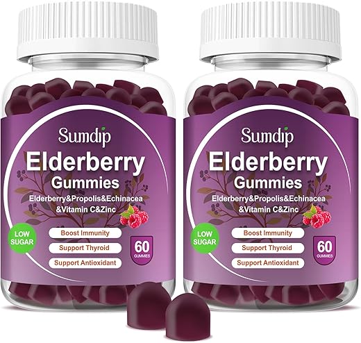 SumDIP - Gomas de Sabugueiro Orgânicas com Zinco e Vitamina C – Suporte Imunológico – Sabor de Frutas Vermelhas – Vegano – Sem Transgênicos – Sem Glúten – 60 Gomas – 2 Pacotes