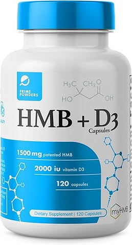 Prime Powders - Suplemento HMB e Vitamina D3, Fórmula Patenteada de 1.500mg com Dose Clínica, Preserva Massa Muscular com Performance Eterna, Cápsulas de Beta-Hidroxi Beta-Metilbutirato, 120 Unidades