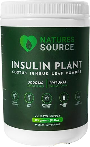 Nature's Source - Natures Source – Pó de Folha de Planta de Insulina (Costus Igneus) (1 Frasco) – 315g (Fornecimento de 90 Dias) – Feito nos EUA – Agora com Sabor Natural de Baunilha