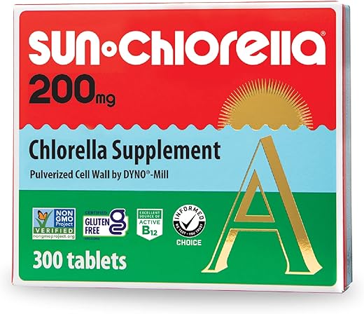 200 mg – Superalimento de Alga Verde em Comprimidos – Parede Celular Pulverizada – Clorofila, CGF, B12 Ativa, Ferro, Proteína – Não-OGM – 300 Comprimidos - Sun Chlorella