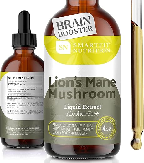 SN SMARTFIT NUTRITION - Lions Mane Extrato – Tintura Natural de Lions Mane – Feito nos EUA – Suplemento Orgânico de Cogumelo Lions Mane para Memória e Concentração