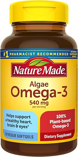 Algae 540 mg Ômega 3, Alternativa aos Suplementos de Óleo de Peixe Ômega 3, 70 Cápsulas Vegetais, Sustentável, à Base de Plantas, para Suporte ao Coração, Cérebro e Olhos Saudáveis - Nature Made