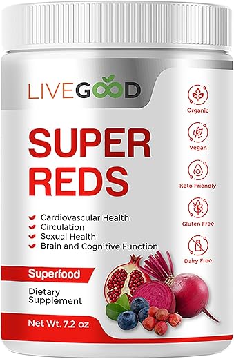 Super Reds Orgânicos com Alfafa, Grama de Cevada, Beterraba, Romã, Semente de Uva, Vegano, Sem Glúten, 200g - LIVEGOOD