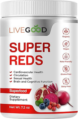 Super Reds Orgânicos com Alfafa, Grama de Cevada, Beterraba, Romã, Semente de Uva, Vegano, Sem Glúten, 200g - LIVEGOOD