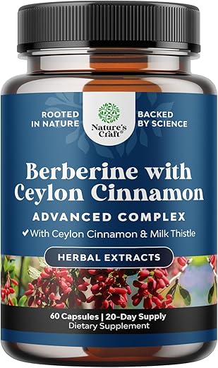 Natures Craft - Berberine Plus 1200mg – Complexo de Berberina Antioxidante com Cápsulas de Canela do Ceilão e Extrato de Cardo Mariano – PK Ativo para Saúde Cardíaca e