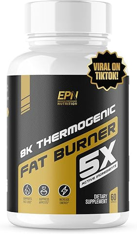 EPN Supplements - Queimador de Gordura Termogênico 8K 5X | Novo Suplemento para Perda de Peso #1 para Reduzir Gordura, Suprimir Apetite, Acelerar Metabolismo, Aumentar Energia c/ Cetona de Framboesa, Garcinia Cambogia, Chá Verde – Marca 8K