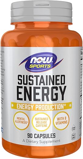 Sports – Energia Sustentada para Produção de Energia* Alerta Mental* Liberação Sustentada de Cafeína com Vitaminas B – 90 Cápsulas Vegetais - NOW Foods