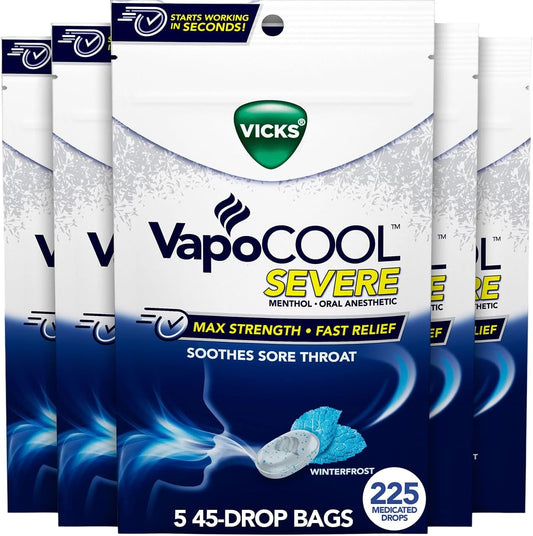 VapoCOOL Max Força Pastilhas para Dor de Garganta, Alívio Rápido, Alivia a Dor da Tosse, Mentol, Winterfrost – 225ct - Vicks