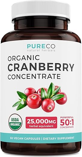 PURE CO - Pílulas Orgânicas de Cranberry – Concentrado 50:1 Equivale a 25.000mg de Cranberries Frescos (Vegano) para Saúde do Trato Urinário