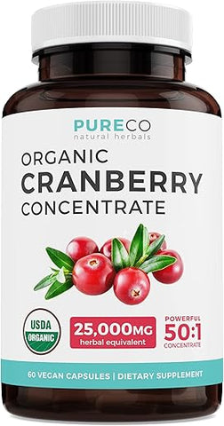 PURE CO - Pílulas Orgânicas de Cranberry – Concentrado 50:1 Equivale a 25.000mg de Cranberries Frescos (Vegano) para Saúde do Trato Urinário
