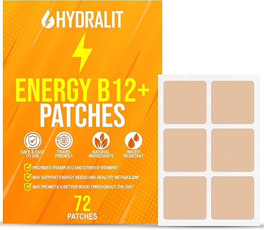 Hydralit - Patches de Energia para Adultos Homens Mulheres Bem-Estar Diário Tópico Desperto B12 Ingredientes Naturais Sustentados Fórmula de Liberação Prolongada Pele Duradoura Prático para Viagens 72 Unidades
