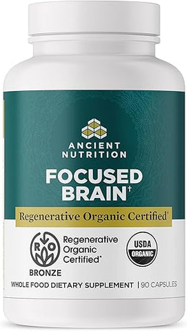 Cápsulas Certificadas Orgânicas Regenerativas para o Foco Cerebral, com Folha de Ginkgo e Cogumelo do Leão para Reduzir o Estresse, Livre de Glúten, Amigável à Dieta Paleo e Keto, 90 Unidades - Ancient Nutrition