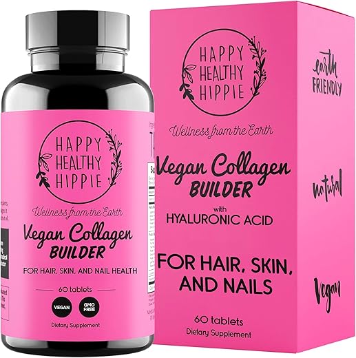 Happy Healthy Hippie - Vegan Collagen Builder com Ácido Hialurônico – Cápsulas de Colágeno para Brilho Juvenil | Queratina
